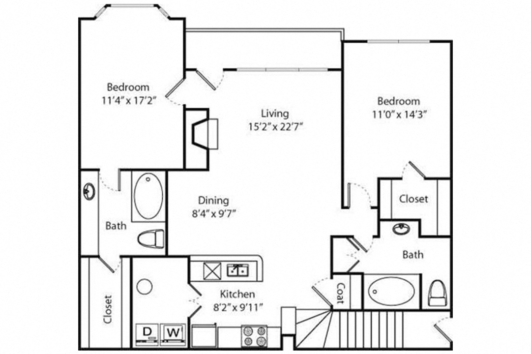 Floor plan for 2 beds, 2 baths, 1315 sqft